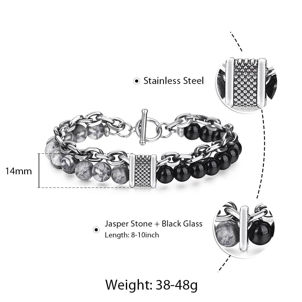 Natural Stone And Stainless Steel Men's Beaded Bracelet 8 9 10 inch DB33