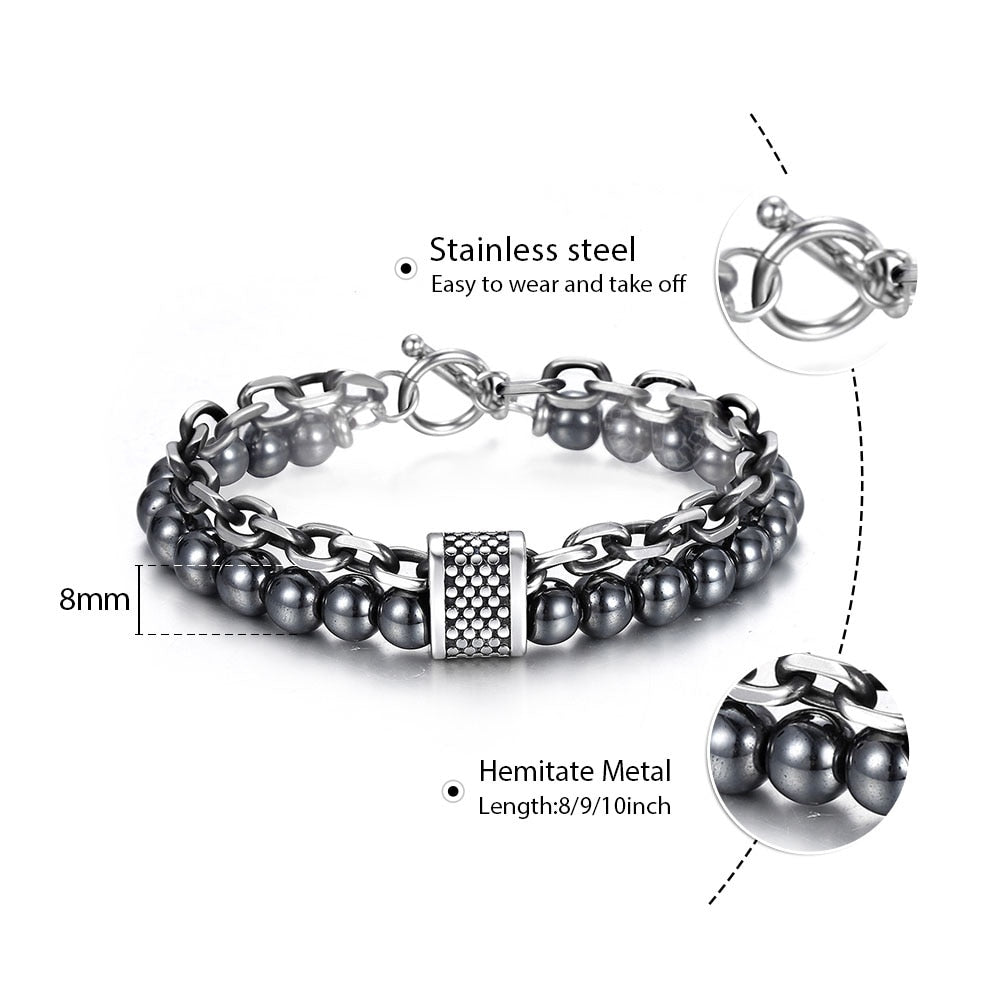 Natural Stone And Stainless Steel Men's Beaded Bracelet 8 9 10 inch DB33