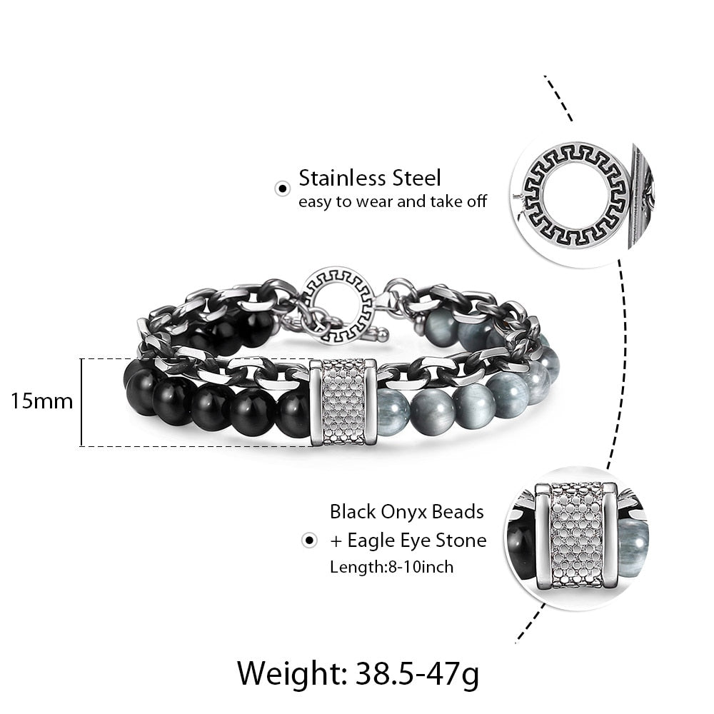 Natural Stone And Stainless Steel Men's Beaded Bracelet 8 9 10 inch DB33