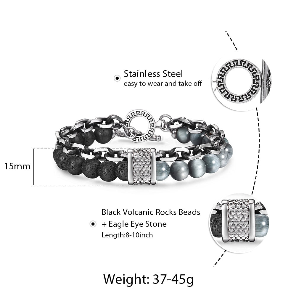 Natural Stone And Stainless Steel Men's Beaded Bracelet 8 9 10 inch DB33