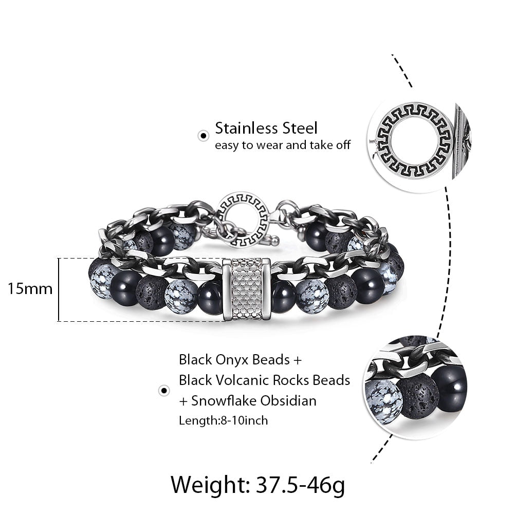 Natural Stone And Stainless Steel Men's Beaded Bracelet 8 9 10 inch DB33
