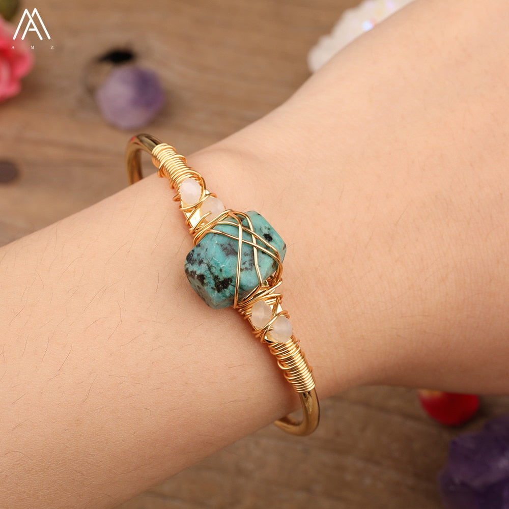 Natural Stone And Copper Wire Wrap Open Cuff Bangle Bracelet