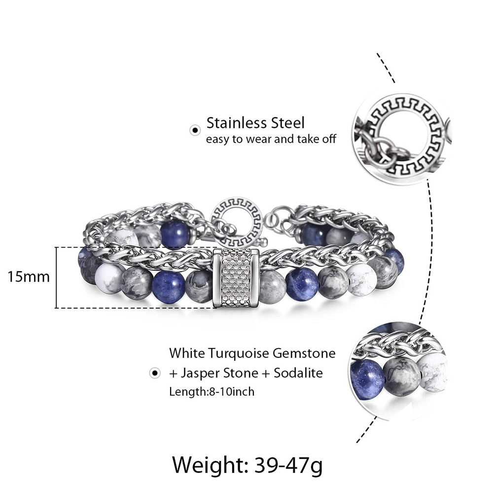 Natural Stone And Stainless Steel Men's Beaded Bracelet 8 9 10 inch DB33