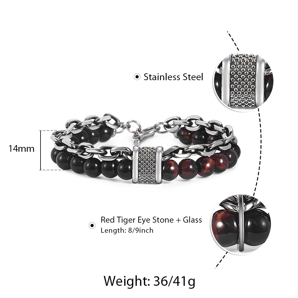 Natural Stone And Stainless Steel Men's Beaded Bracelet 8 9 10 inch DB33