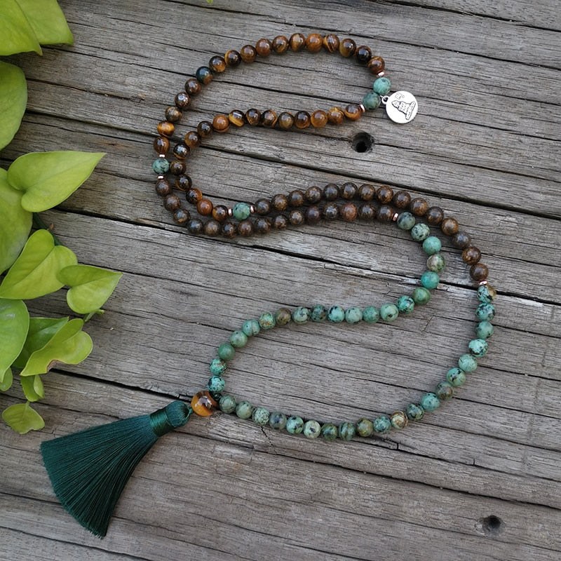 8mm Natural Stone 108 Mala Beads, African Turquoise,Bronzite