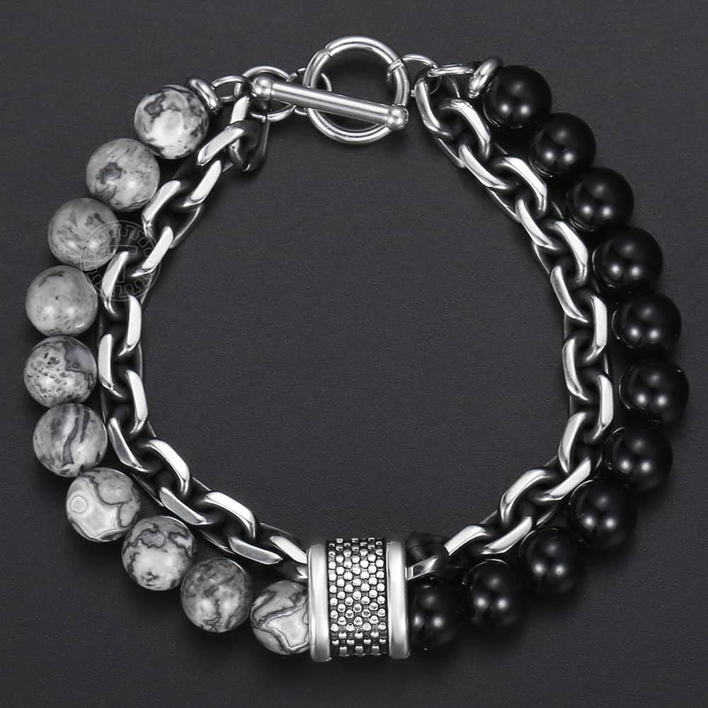 Natural Stone And Stainless Steel Men's Beaded Bracelet 8 9 10 inch DB33