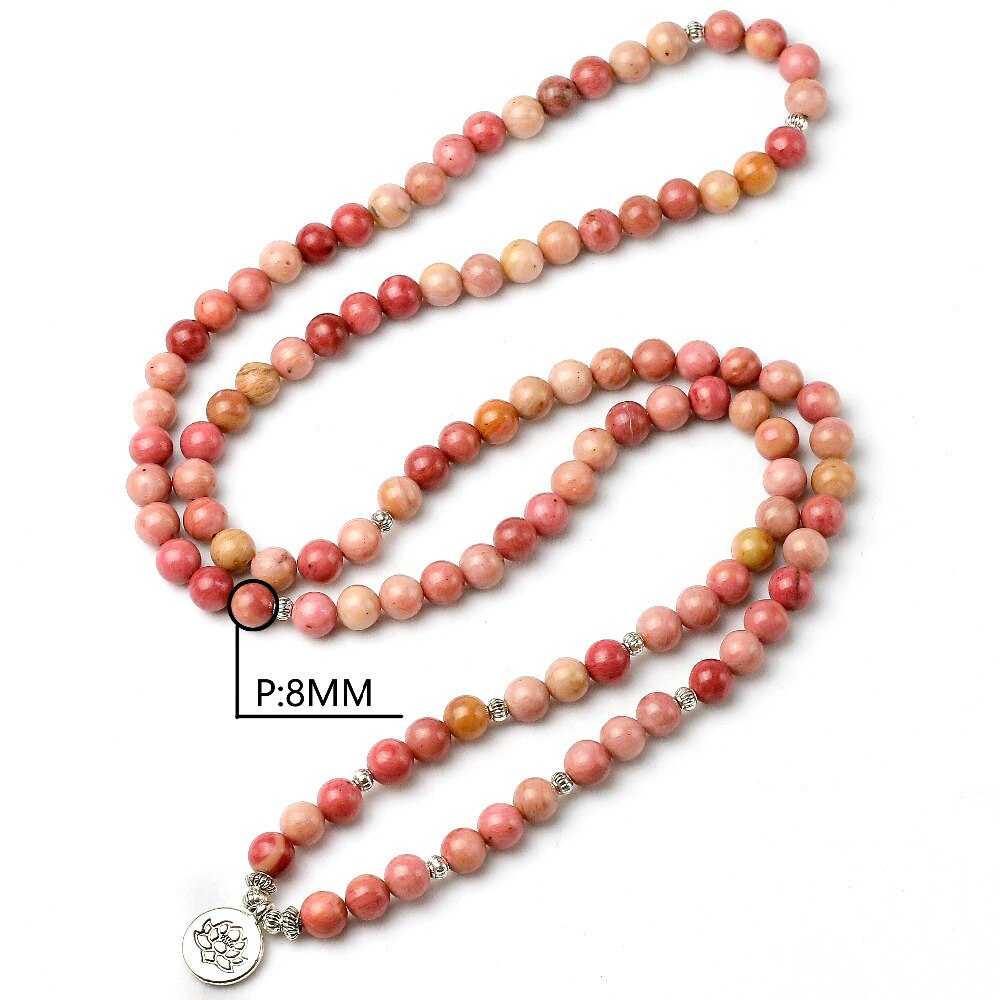 Natural Rhodochrosite Stone Bead Mala With Om Charm