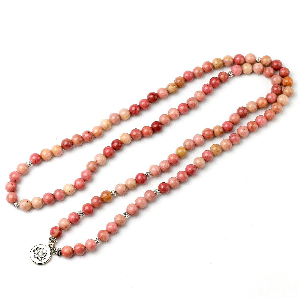 Natural Rhodochrosite Stone Bead Mala With Om Charm