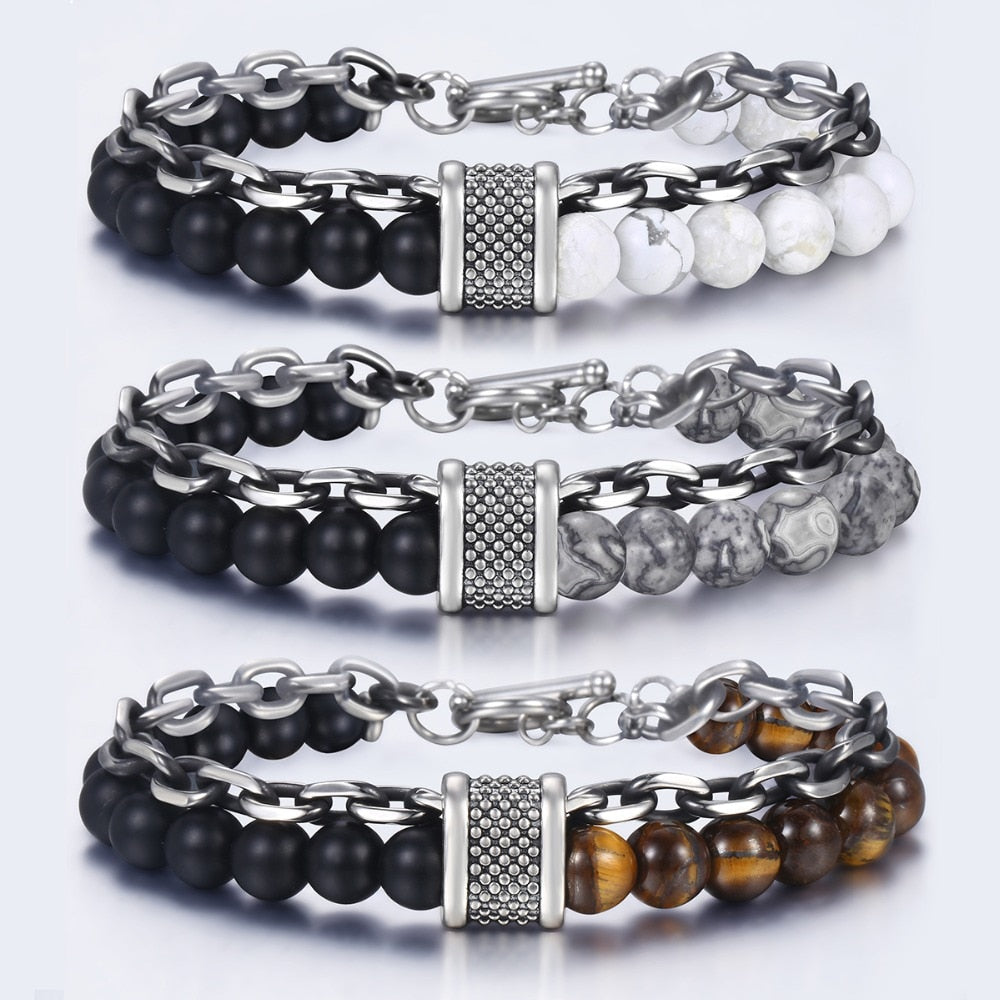 Natural Stone And Stainless Steel Men's Beaded Bracelet 8 9 10 inch DB33