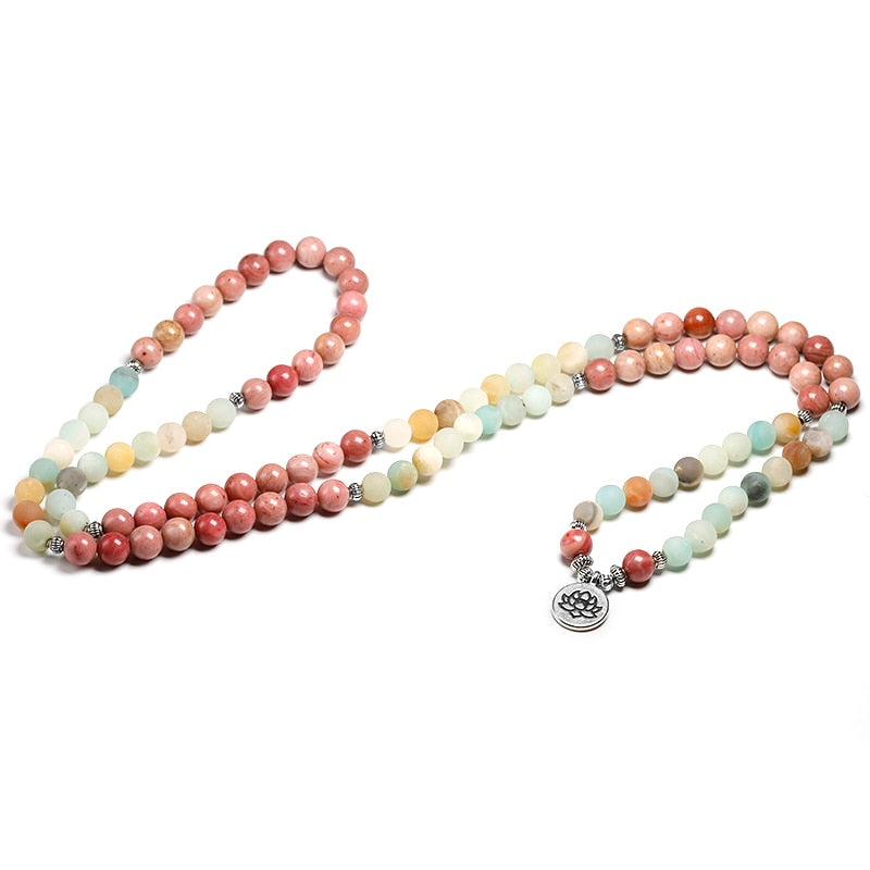 Natural Rhodochrosite 108 Mala With Amazonite
