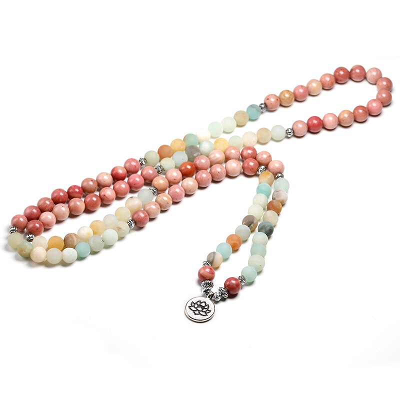 Natural Rhodochrosite 108 Mala With Amazonite