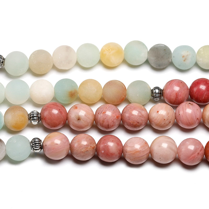 Natural Rhodochrosite 108 Mala With Amazonite