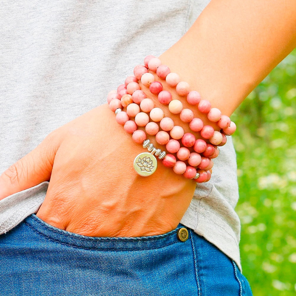 Natural Rhodochrosite Stone Bead Mala With Om Charm