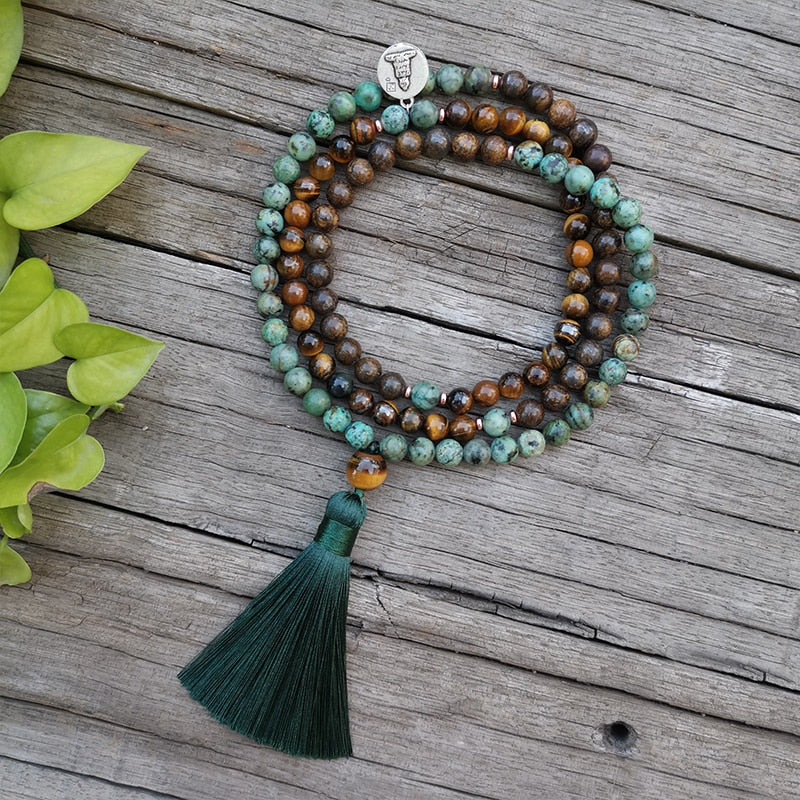 8mm Natural Stone 108 Mala Beads, African Turquoise,Bronzite