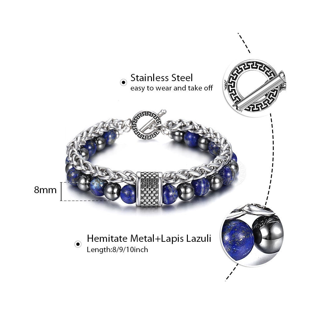 Natural Stone And Stainless Steel Men's Beaded Bracelet 8 9 10 inch DB33