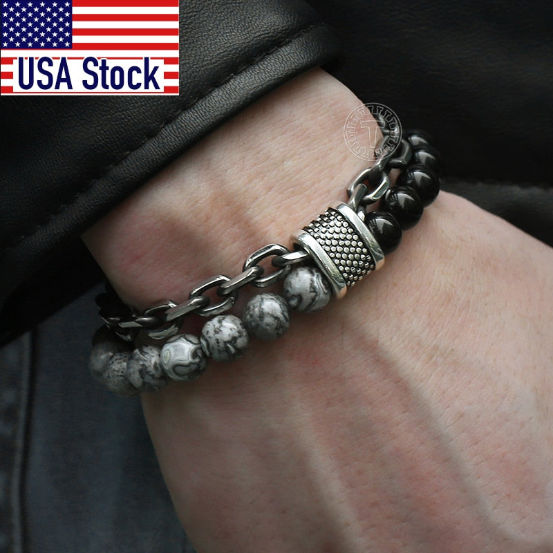 Natural Stone And Stainless Steel Men's Beaded Bracelet 8 9 10 inch DB33