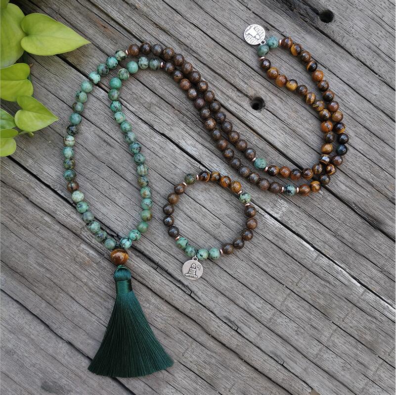 8mm Natural Stone 108 Mala Beads, African Turquoise,Bronzite