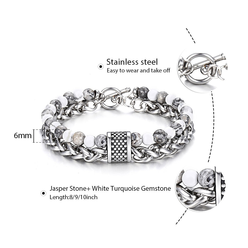 Natural Stone And Stainless Steel Men's Beaded Bracelet 8 9 10 inch DB33