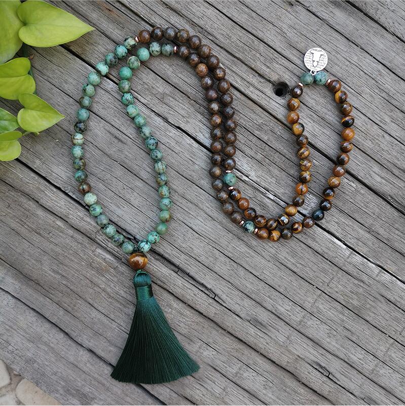 8mm Natural Stone 108 Mala Beads, African Turquoise,Bronzite