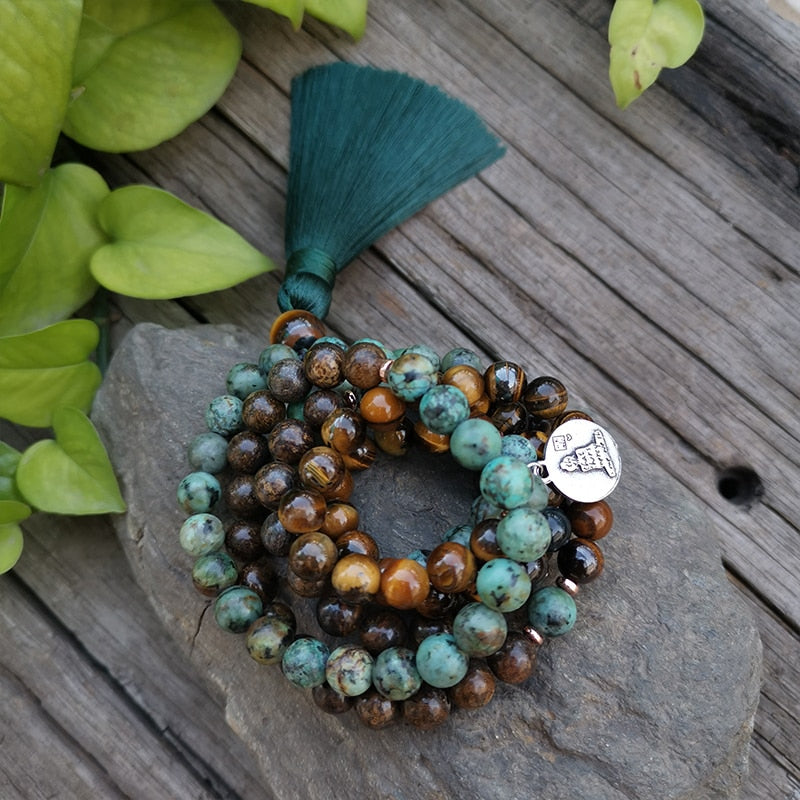 8mm Natural Stone 108 Mala Beads, African Turquoise,Bronzite