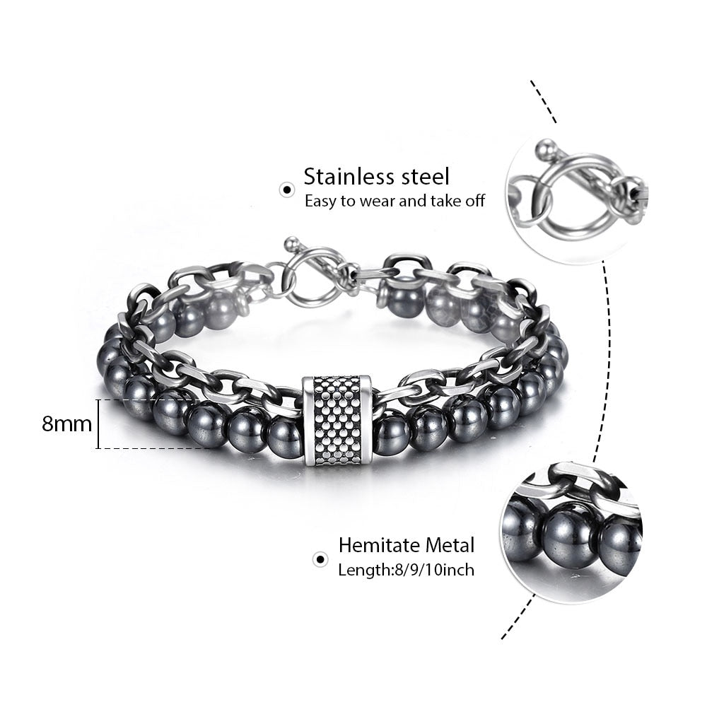 Natural Stone And Stainless Steel Men's Beaded Bracelet  8 9 10 inch DB33