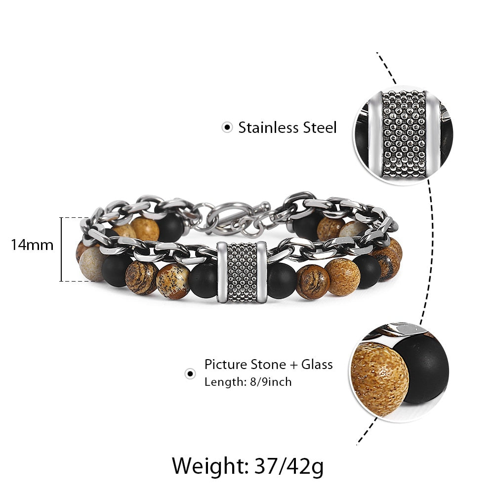 Natural Stone And Stainless Steel Men's Beaded Bracelet  8 9 10 inch DB33