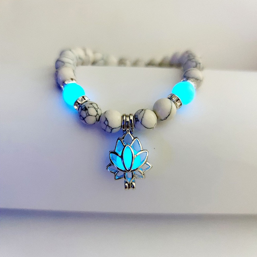 Natural Stone Luminous Yoga Healing Glow In The Dark Bead Bracelet With Lotus Charm