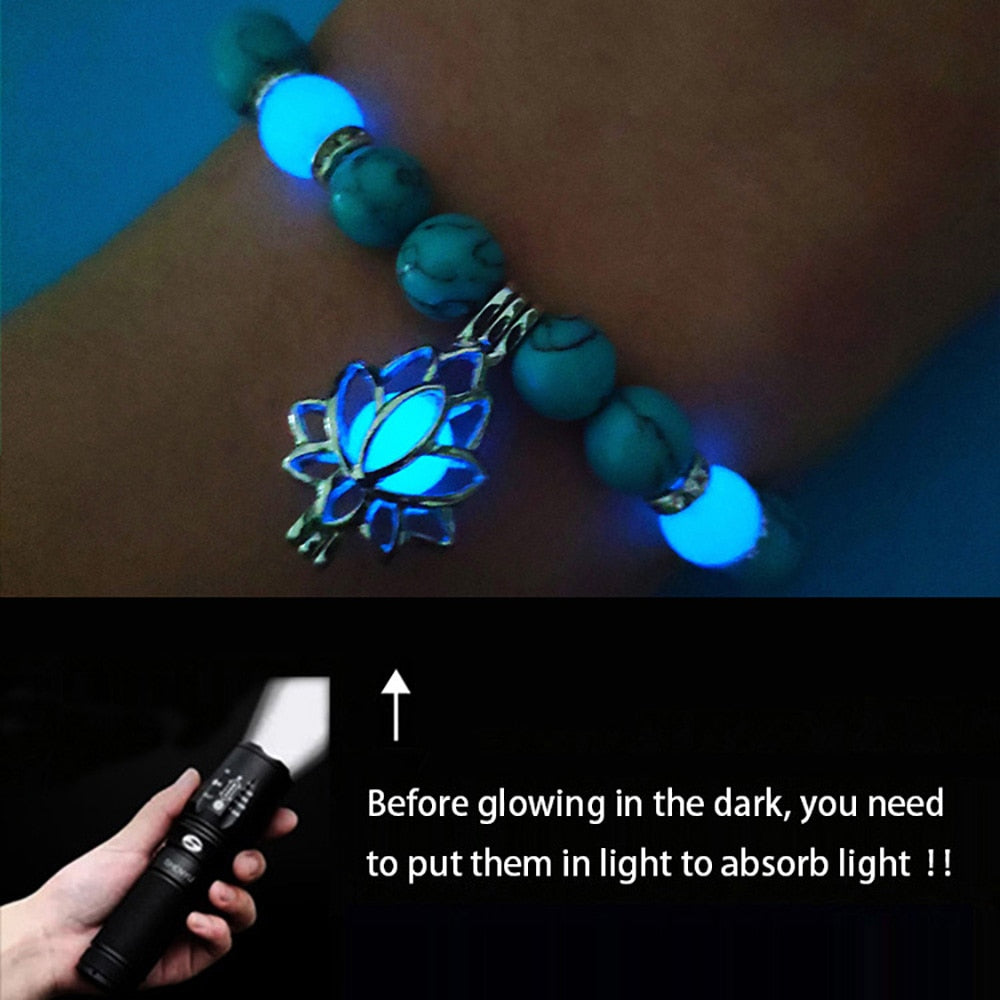 Natural Stone Luminous Yoga Healing Glow In The Dark Bead Bracelet With Lotus Charm