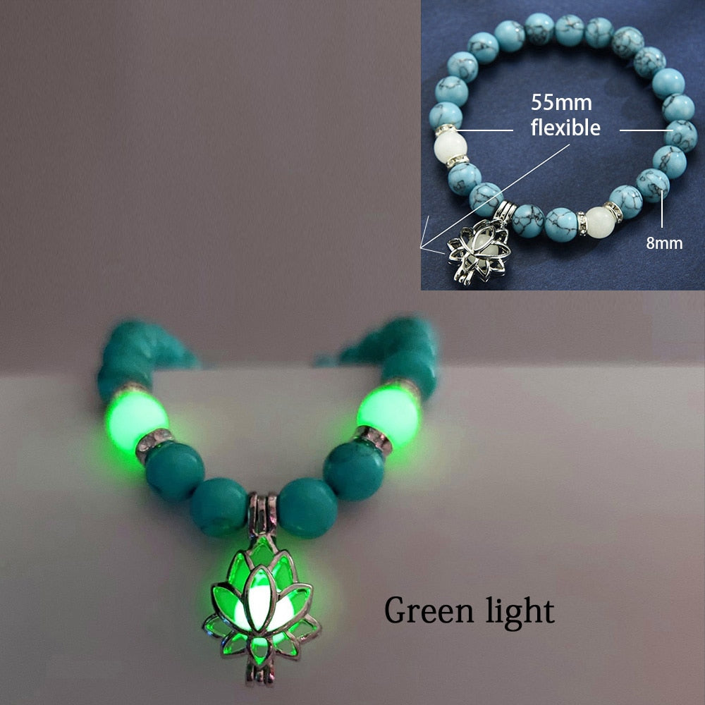 Natural Stone Luminous Yoga Healing Glow In The Dark Bead Bracelet With Lotus Charm