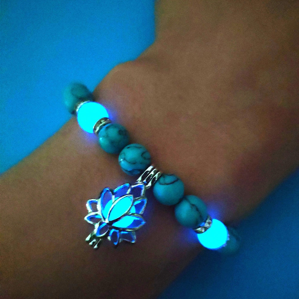 Natural Stone Luminous Yoga Healing Glow In The Dark Bead Bracelet With Lotus Charm