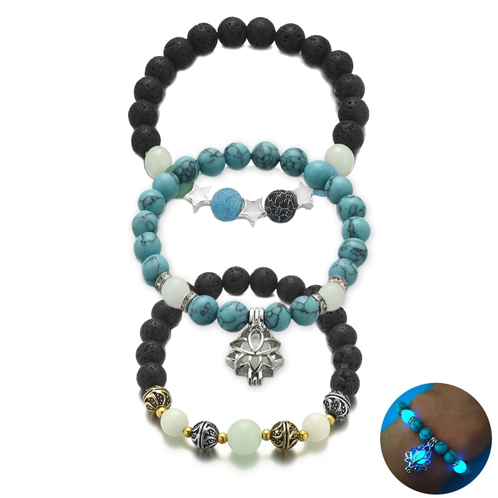 Natural Stone Luminous Yoga Healing Glow In The Dark Bead Bracelet With Lotus Charm