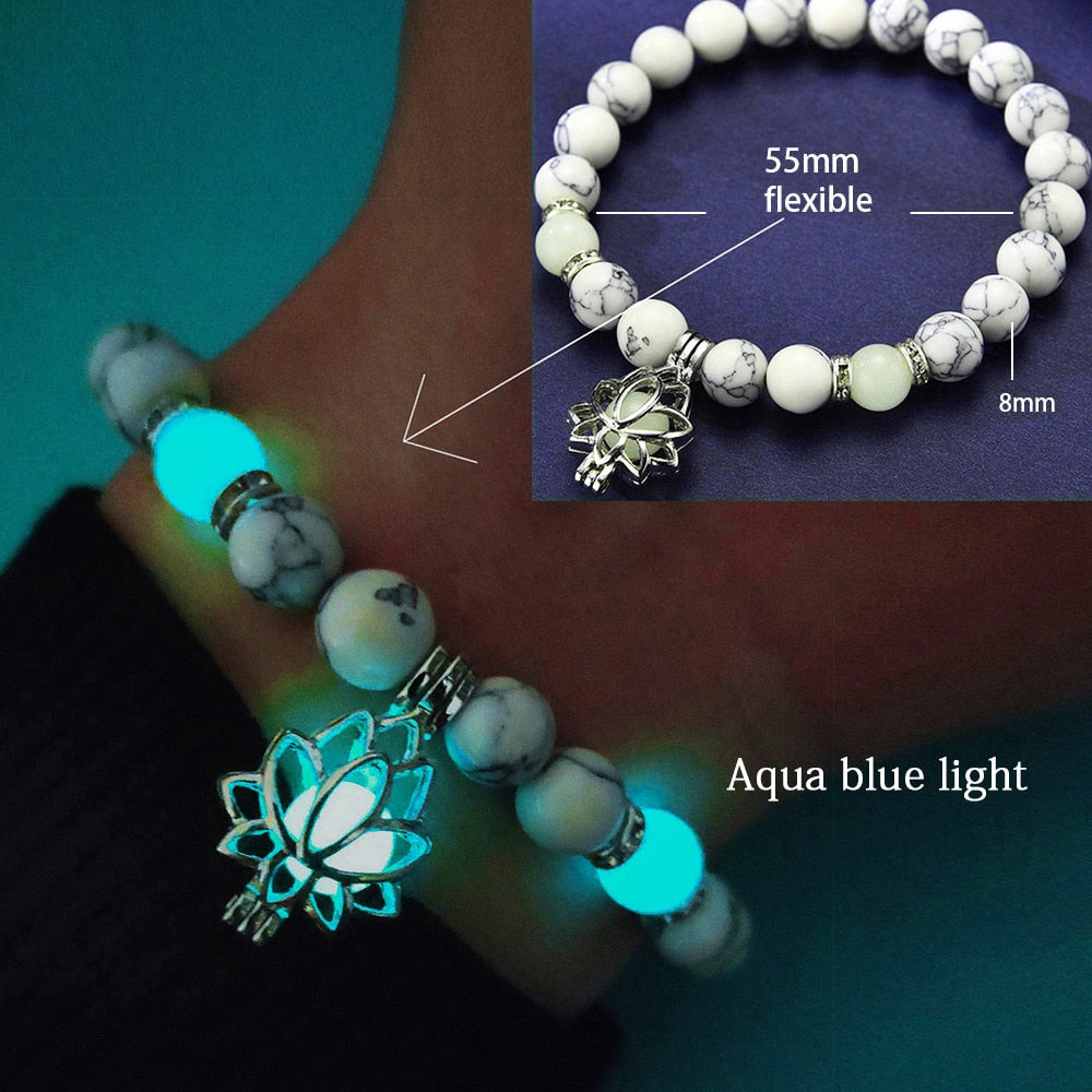 Natural Stone Luminous Yoga Healing Glow In The Dark Bead Bracelet With Lotus Charm