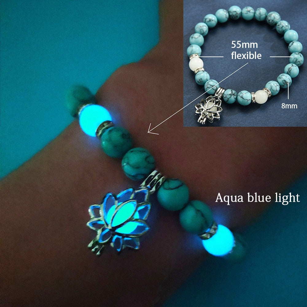 Natural Stone Luminous Yoga Healing Glow In The Dark Bead Bracelet With Lotus Charm