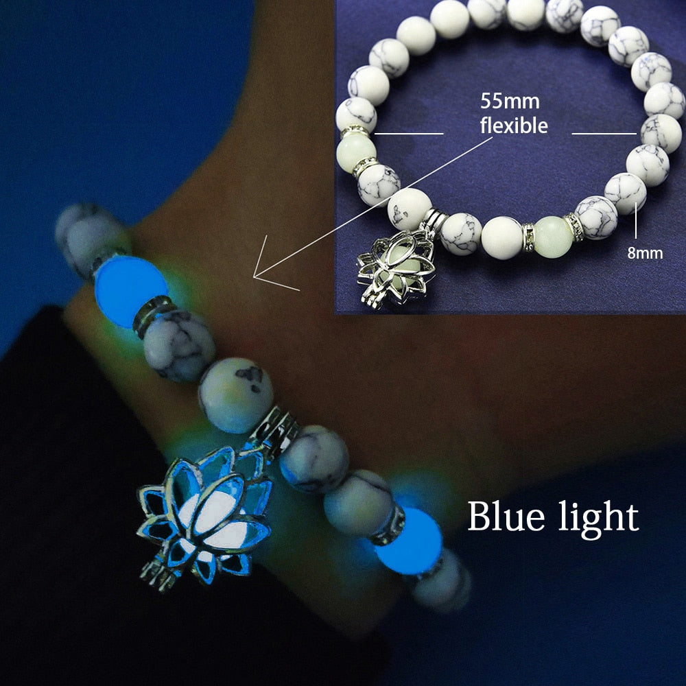 Natural Stone Luminous Yoga Healing Glow In The Dark Bead Bracelet With Lotus Charm