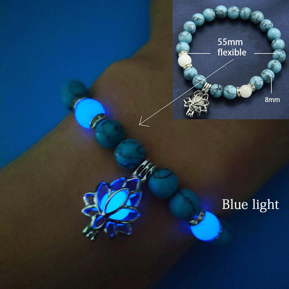 Natural Stone Luminous Yoga Healing Glow In The Dark Bead Bracelet With Lotus Charm